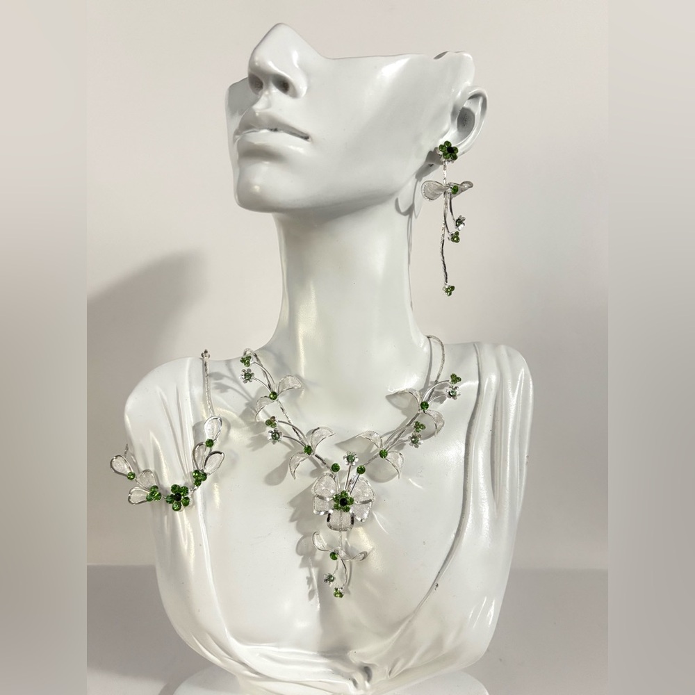 Silver Tone Metal Necklace Earring Bracelet Set With green Rhinestones